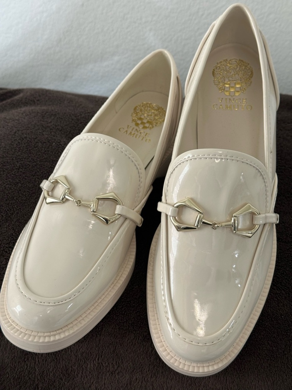 Vince Camuto Women's Cream Patent Loafers with Gold Hardware
